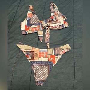 Patchwork style tie front bikini